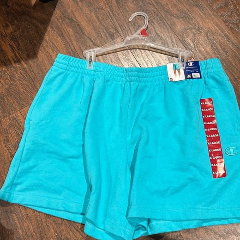 Adultt champion size large  shorts, unisex aqua blue pockets,